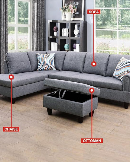 ROOMTEC Button Modern L Shape Sectional Sofa Set, Upholstered Corner Couch with Storage Ottoman, Linen Tufted Cushions, for Living Room, Apartment, 97inch, Grey w/Left Chaise Lounge - LeafyLoom