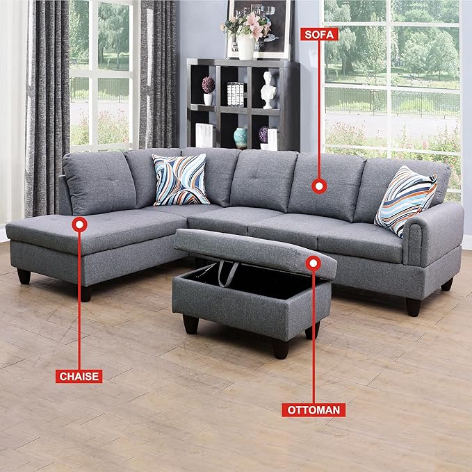 ROOMTEC Button Modern L Shape Sectional Sofa Set, Upholstered Corner Couch with Storage Ottoman, Linen Tufted Cushions, for Living Room, Apartment, 97inch, Grey w/Left Chaise Lounge - LeafyLoom