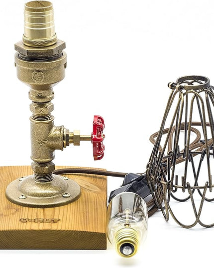 Loft Style Lamp, Pharos", Steam Punk Industrial Vintage Style, Wood Base Metal Body, Table Desk Light with Dimmer, LL-016 - LeafyLoom