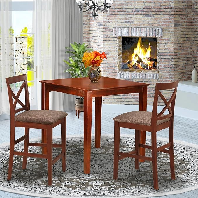 East West Furniture PUBS3-BRN-C 3 Piece Counter Height Set for Small Spaces Contains a Square Kitchen Table and 2 Linen Fabric Dining Room Chairs, 36x36 Inch - LeafyLoom