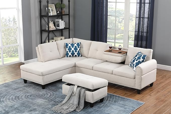 98" L-Shaped Sectional Couch with Storage Ottoman and Left Facing Chaise,Linen Upholstered Sofa with 2 Cup Holders and 2 Throw Pillows for Living Room,Beige - LeafyLoom