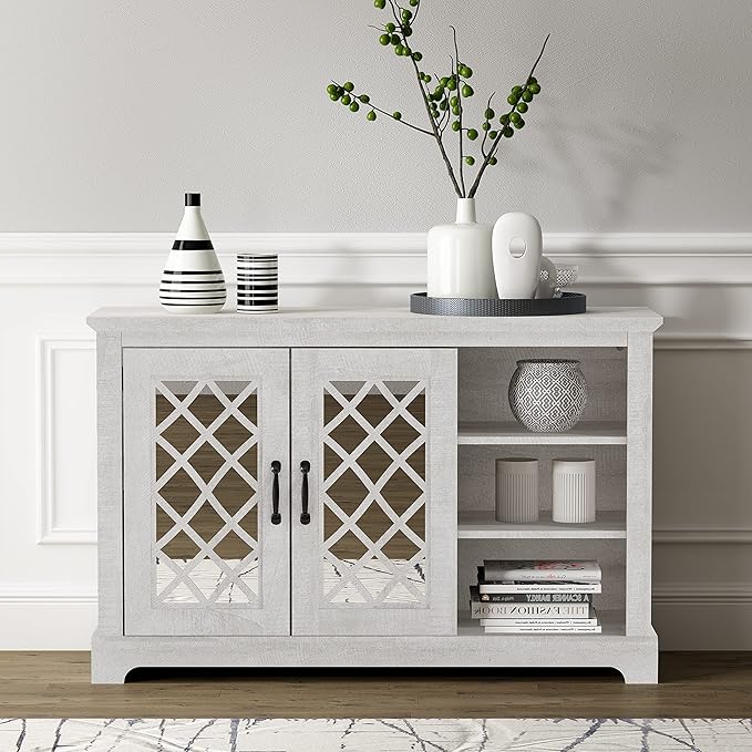 Galano Millicent 2 Doors Sideboard with Open Shelves, Buffet Cabinet with Storage, Storage Cabinet for Kitchen, Dining Room, Living Room, 15.67" D x 45.71" W x 29.29" H, Dusty Grey Oak - LeafyLoom