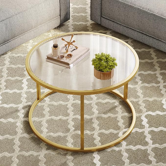 SAYGOER Modern Coffee Table Round Glass Coffee Tables for Large or Small Space Unique Art Center Table for Living Room Home Office with Gold Metal Frame, Easy Assembly - LeafyLoom