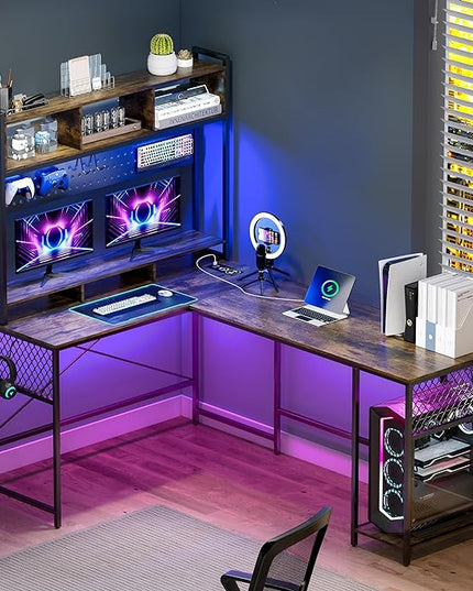 Lvifur 67” L Shaped Desk with Wireless Charging Station,24-Color RGB Dimmable Computer Desk with Pegboard,Gaming Desk with Monitor Stand, Display Stand,Human Sensor Lights for Home Office - LeafyLoom