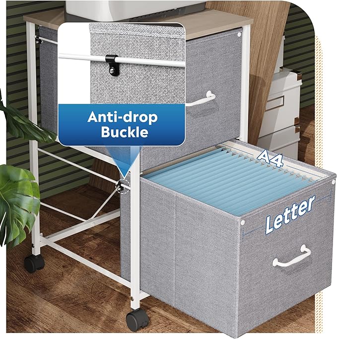 DEVAISE 2 Drawer Mobile File Cabinet, Rolling Printer Stand, Fabric Vertical Filing Cabinet fits A4 or Letter Size for Home Office, Light Grey - LeafyLoom