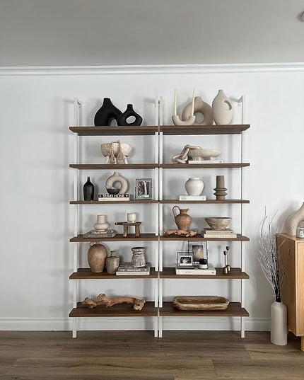 Nathan James Theo 6-Shelf Tall Bookcase, Wall Mount Bookshelf with Natural Wood Finish and Industrial Metal Frame, Rustic Oak/White - LeafyLoom