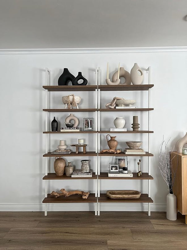 Nathan James Theo 6-Shelf Tall Bookcase, Wall Mount Bookshelf with Natural Wood Finish and Industrial Metal Frame, Rustic Oak/White - LeafyLoom