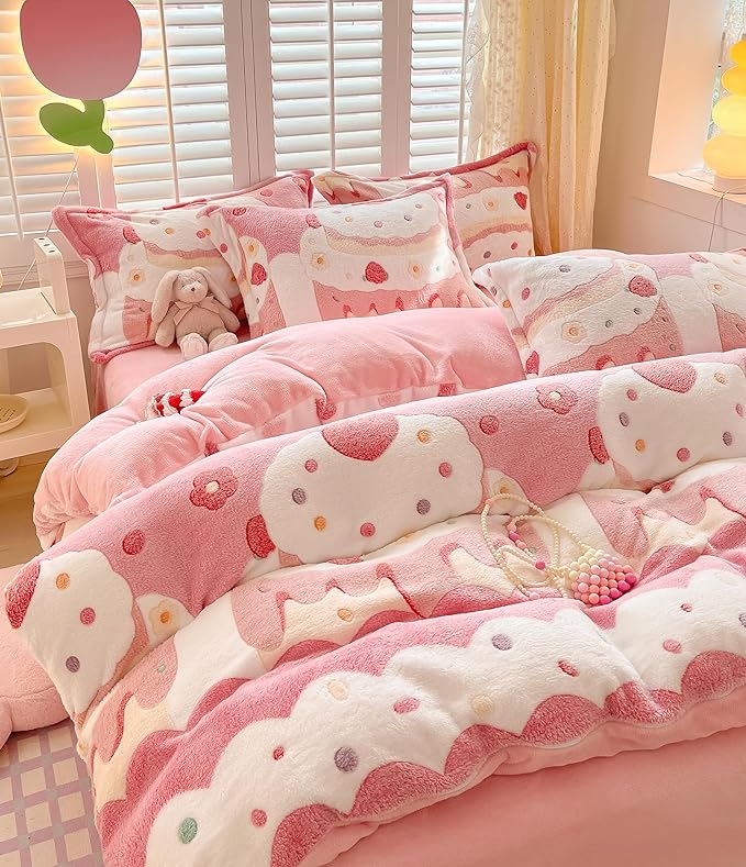 MorroMorn Twin Bedding Sets, Pink Duvet Cover Set, Kawaii Cream Cake Fluffy Comforter Covers Blanket Ultra Soft for Girls Kids Toddler Teen Women Twin/Twin XL Size - LeafyLoom