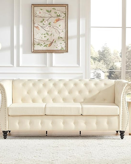 Tbfit Chesterfield Sofa with Rolled Arms, Classic Button Tufted 3 Seater Couch with Nailhead Trim, Upholstered Chesterfield Couches with Gourd Wooden Legs, Linen Sofas for Living Room, Bedroom, Beige - LeafyLoom