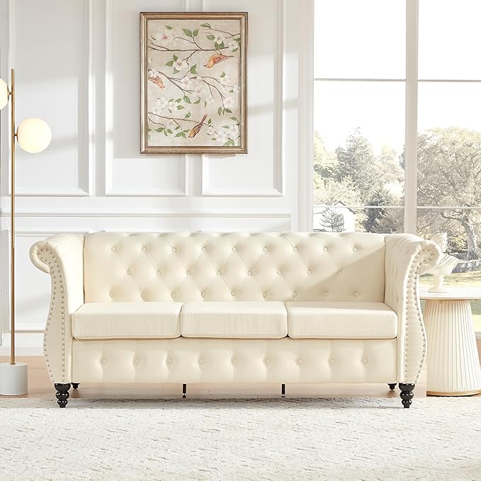 Tbfit Chesterfield Sofa with Rolled Arms, Classic Button Tufted 3 Seater Couch with Nailhead Trim, Upholstered Chesterfield Couches with Gourd Wooden Legs, Linen Sofas for Living Room, Bedroom, Beige - LeafyLoom