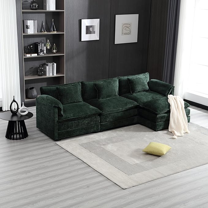 5 Seater L Shaped Convertible Modular Sectional Sofa with Reversible Chaise, Minimalist Oversized Sleeper Corner Couch,Chenille Upholstered Leisure Sofá for Living Room Office, Emerald 112.2" - LeafyLoom