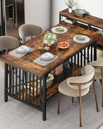 DWVO 70.8" Large Kitchen Dining Table for 6-8 People, Farmhouse Industrial Kitchen Table with Storage, Rectangle Apartment Dinning Room Dinette Tables for Eating Dinner, Rustic Brown - LeafyLoom