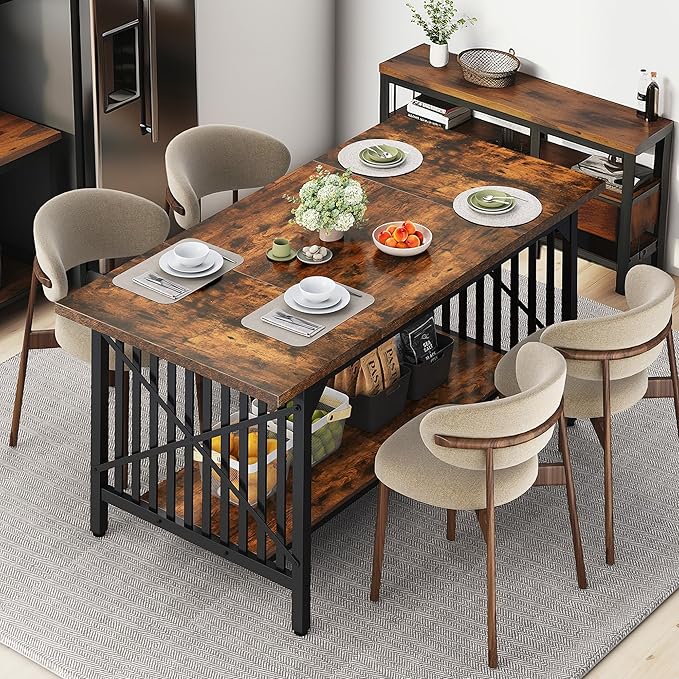 DWVO 70.8" Large Kitchen Dining Table for 6-8 People, Farmhouse Industrial Kitchen Table with Storage, Rectangle Apartment Dinning Room Dinette Tables for Eating Dinner, Rustic Brown - LeafyLoom