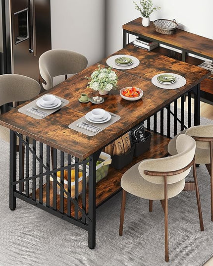 DWVO 70.8" Large Kitchen Dining Table for 6-8 People, Farmhouse Industrial Kitchen Table with Storage, Rectangle Apartment Dinning Room Dinette Tables for Eating Dinner, Rustic Brown - LeafyLoom
