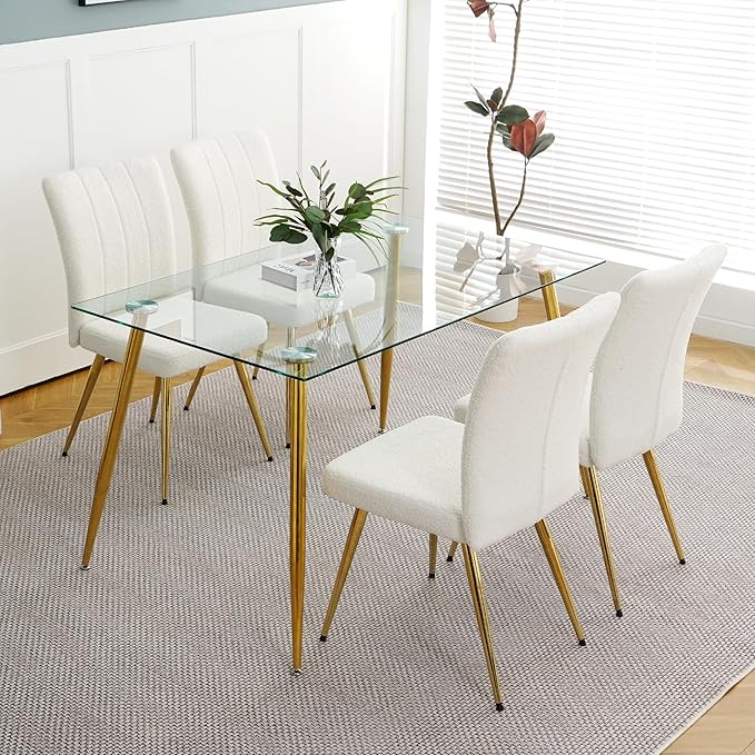 Modern Dining Chairs Set of 4, Side Dining Room Chairs with Gold Plated Metal Legs, Kitchen Chairs with Fabric Accent, Upholstered Chairs for Dining Room, Kitchen, Living Room, Beige - LeafyLoom