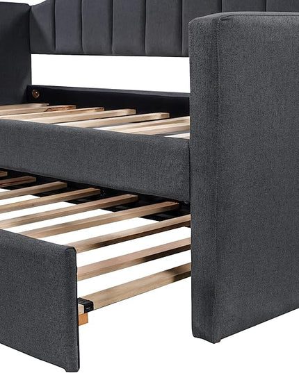 Moden Upholstered Twin Daybed with Trundle, Twin Size Sofa Bed Wood Bed Frame for Bedroom Living Room, No Box Spring Needed, Black - LeafyLoom
