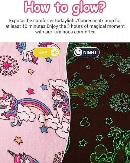 Mooreeke Glow in The Dark Twin Plush Fleece Comforter Bed Set, Soft & Warm 2 Piece Bed in A Bag with Sham, Velour Velvet Pink Unicorn Girls Kids Bedding Set, Fluffy Fuzzy Polar Cozy and Stylish - LeafyLoom