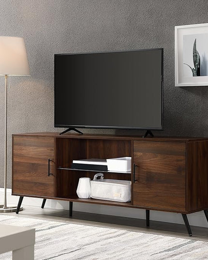 Walker Edison Saxon Mid Century Modern Glass Shelf TV Stand for TVs up to 65 Inches, 60 Inch, Walnut - LeafyLoom