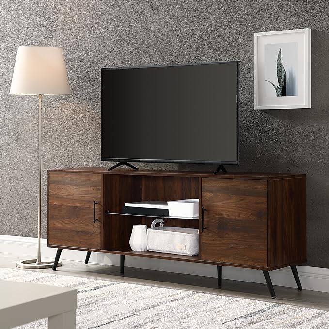 Walker Edison Saxon Mid Century Modern Glass Shelf TV Stand for TVs up to 65 Inches, 60 Inch, Walnut - LeafyLoom