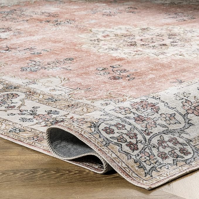 nuLOOM Ren Vintage Floral Machine Washable Ultra Thin Accent Rug, 2x3, Peach - LeafyLoom