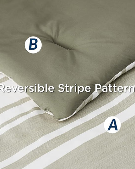 Bedsure Full Size Bedding Sets 7 Pieces, Olive Green White Striped Bedding Comforter Sets All Season Bed Set, 2 Pillow Shams, Flat Sheet, Fitted Sheet and 2 Pillowcases - LeafyLoom