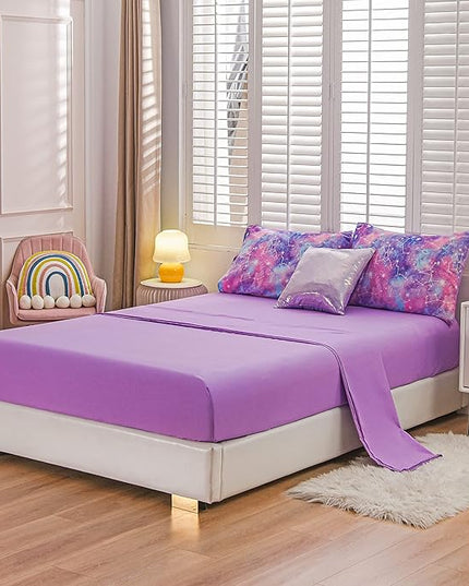 Btargot Lightweight Microfiber 6 Piece Comforter Set, Tie Dye Galaxy Constellation Pattern Bedding Set for Boys Girls Teen, Queen Purple - LeafyLoom