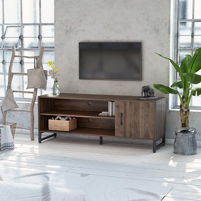 Novilla Media Console, TV Stand for TV's up to 58" Flat Screen Living Room Storage Cabinet Doors and Shelves Entertainment Center, 53 Inches, Walnut - LeafyLoom