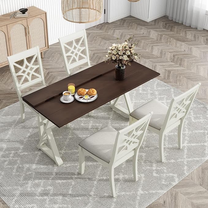 NicBex Small Kitchen Table Set for 4 Dining Room Set 5-Piece Extendable Rubber Wood Dining Table Set with X-Shape Legs for Small Space, Apartment, Studio, Beige - LeafyLoom