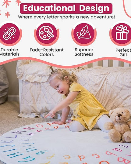 ABC Rug for Kids Room - 40 inch Round Alphabet Rug - ABC Classroom Rug for Kids Learning - Round Rug for Kids Room Decor - ABC Rugs for Kids Playroom - Round Nursery Rug - ABC Mats for Floor Toddlers - LeafyLoom