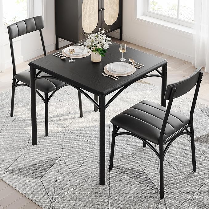 GAOMON Dining Table Set for 2, Kitchen Table and Chairs for 2 with Upholstered Chairs, 3 Piece Dining Room Table Set, Square Kitchen Table Set for Small Space, Apartment, Studio, Rustic Black - LeafyLoom