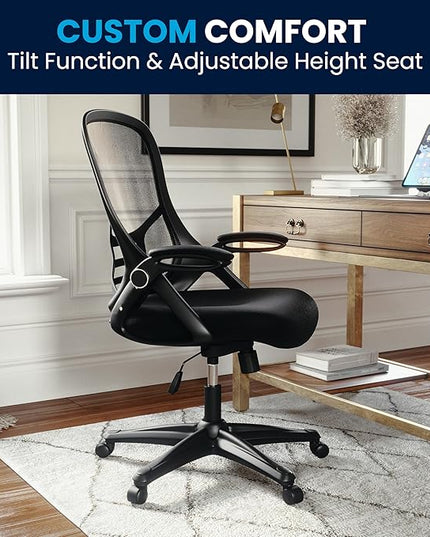 Flash Furniture Porter High Back Black Mesh Ergonomic Swivel Office Chair with Black Frame and Flip-up Arms - LeafyLoom