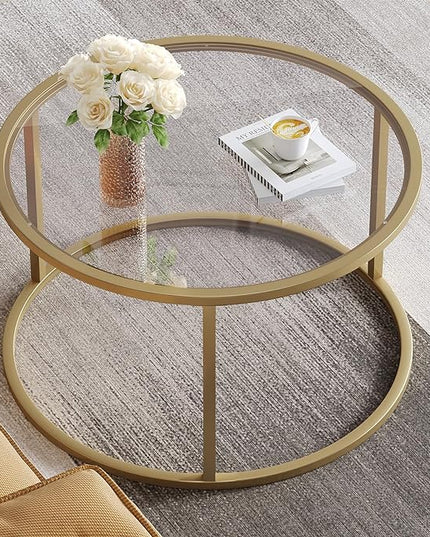 SAYGOER Small Glass Coffee Table Round Gold Coffee Table for Small Space Modern Simple Center Table with Gold Frame for Living Room Home Office, Easy Assembly - LeafyLoom