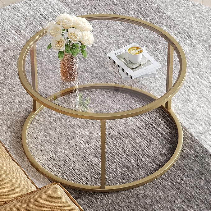 SAYGOER Small Glass Coffee Table Round Gold Coffee Table for Small Space Modern Simple Center Table with Gold Frame for Living Room Home Office, Easy Assembly - LeafyLoom