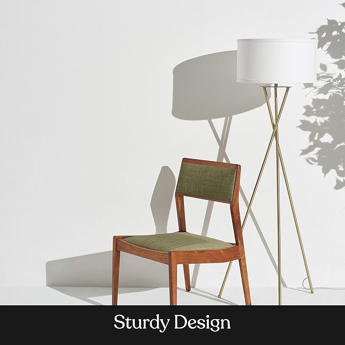Brightech Jaxon LED Floor lamp, Modern Lamp for Living Rooms & Offices, Tall Lamp with Contemporary Drum Shade, Gold Tripod Standing Lamp for Bedroom Reading, Great Living Room Decor - Brass - LeafyLoom