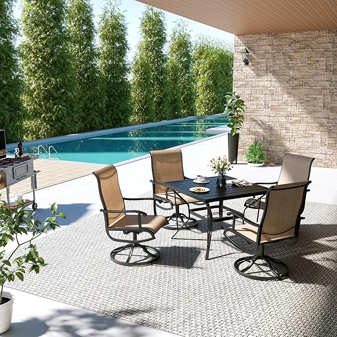 Pamapic 5 Pieces Patio Dining Set, All-Weather Outdoor Dining Set for Garden Backyard Poolside Deck,Outdoor Table and Chairs Set with 4 Textilene Swivel Chairs,Beige - LeafyLoom