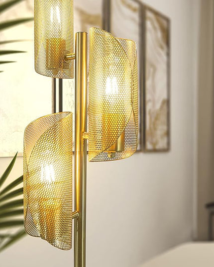 Brightech Lyra LED Tree Floor Lamp for Mid-Century Modern, Contemporary, Industrial Décor, 3 Light Head Standing Lamp with Metal Cage Shade, Standing Pole Tall Lamp for Living Room, Bedroom - Brass - LeafyLoom