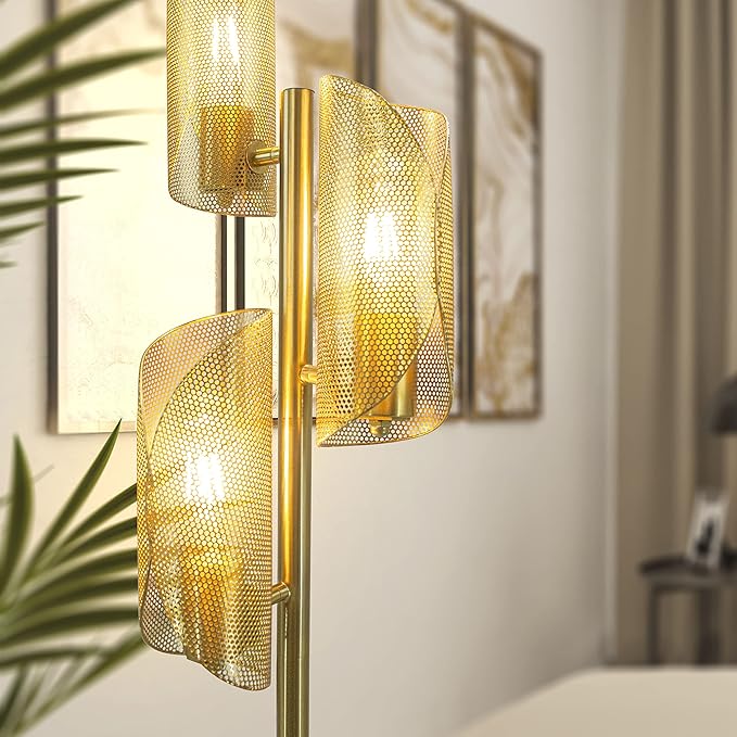 Brightech Lyra LED Tree Floor Lamp for Mid-Century Modern, Contemporary, Industrial Décor, 3 Light Head Standing Lamp with Metal Cage Shade, Standing Pole Tall Lamp for Living Room, Bedroom - Brass - LeafyLoom