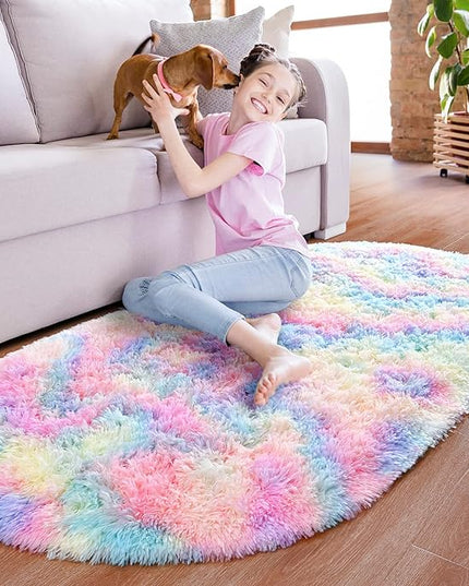 Noahas Oval Fluffy Rainbow Rug 2.6X5.3 Small Kids Rugs for Bedroom Girls And Boys Aesthetic,Bedside Bedroom Rug,Ultra Soft Runner Carpet Modern Shaggy Nursery Area Rugs Home Decor - LeafyLoom