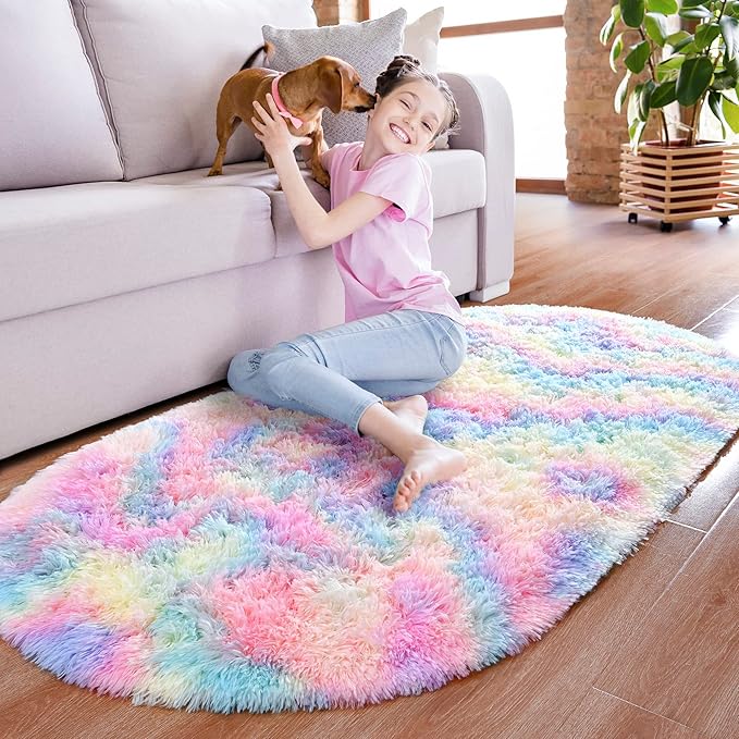 Noahas Oval Fluffy Rainbow Rug 2.6X5.3 Small Kids Rugs for Bedroom Girls And Boys Aesthetic,Bedside Bedroom Rug,Ultra Soft Runner Carpet Modern Shaggy Nursery Area Rugs Home Decor - LeafyLoom