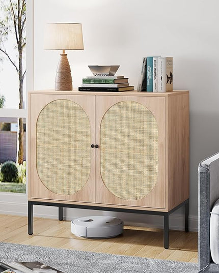 Brafab Set of 2 Rattan Cabinet Buffet Cabinet, Sideboard Cabinet with Natural Rattan Decorated Doors, Accent Cabinet, for Living Room, Entryway, Bedroom, Dining Room/Oval Doors Natural - LeafyLoom