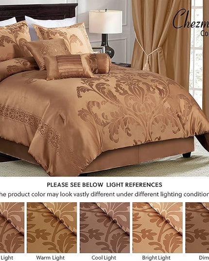 Chezmoi Collection 7-Piece Jacquard Floral Comforter Set (Queen, Copper/Gold) - LeafyLoom