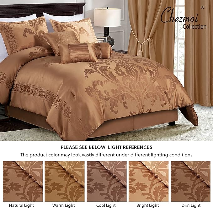 Chezmoi Collection 7-Piece Jacquard Floral Comforter Set (King, Copper/Gold) - LeafyLoom