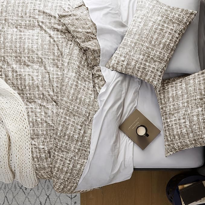 Hyde Lane Full/Queen Comforter Set, Taupe Boho Modern Aesthetic Soft Bedding, Plaid Lines Pattern Neutral Bed Sets for All Season, 3 Pieces includes 1 Comforter, 2 Shams (90"x 90") - LeafyLoom