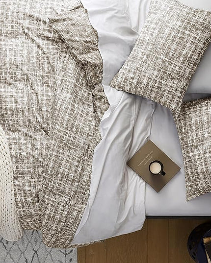 Hyde Lane Comforter King Size for Men, Taupe Modern Farmhouse Aesthetic Soft Bedding Set, Masculine Plaid Lines Pattern Bed Sets for All Season, 3 Pieces includes 1 Comforter, 2 Shams (104"x 90") - LeafyLoom