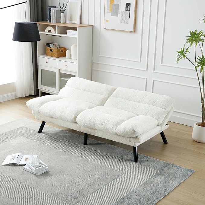 70.08" Modern Upholstered 2 Seaters Soft with Metal Feet,Accent Deep Seat Loveseat Double Sofas Couch w/Convertible Bed,for Dorm,Apartment,Studio,Office,White Teddy - LeafyLoom
