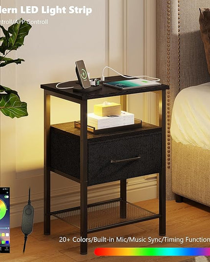 Night Stand Set 2, End Table with Charging Station, LED Bedside Table with Fabric Drawer for Bedroom, 3-Tier Side Table with Open Shelf, Black - LeafyLoom