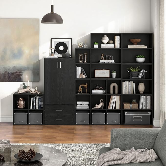 Apexa 3-Tier Cube Storage Organizer Shelves, Stackable Wood Bookcase Fits Cubby Bins for Organization, Dorm Teen Room Decor & Home Office, Black - LeafyLoom