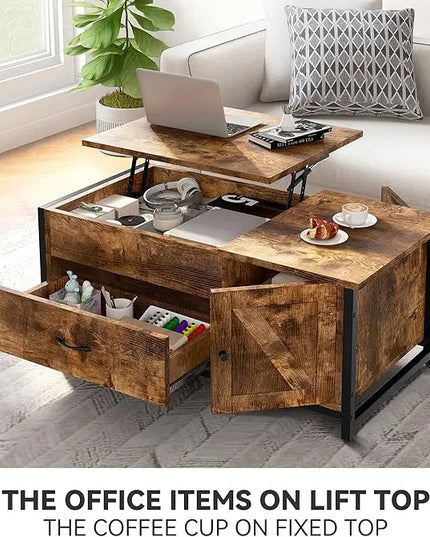 FABATO 41.7" Lift Top Coffee Table with Storage Drawer& Hidden Compartment Barn Door Cabinet Center Table Coffee Table for Living Room Farmhouse Industrial Wood (Rustic Brown2) - LeafyLoom