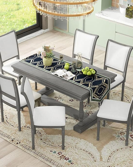 59.4 Inch Dining Table Set for 6, 7-Piece Dining Table with 4 Trestle Base and 6 Upholstered Chairs with Slightly Curve and Ergonomic Seat Back, Grey - LeafyLoom