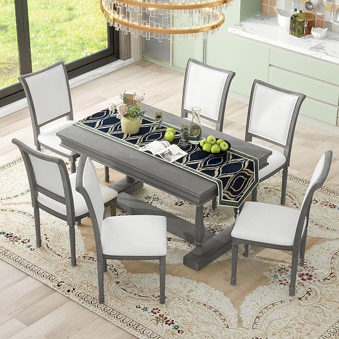 59.4 Inch Dining Table Set for 6, 7-Piece Dining Table with 4 Trestle Base and 6 Upholstered Chairs with Slightly Curve and Ergonomic Seat Back, Grey - LeafyLoom